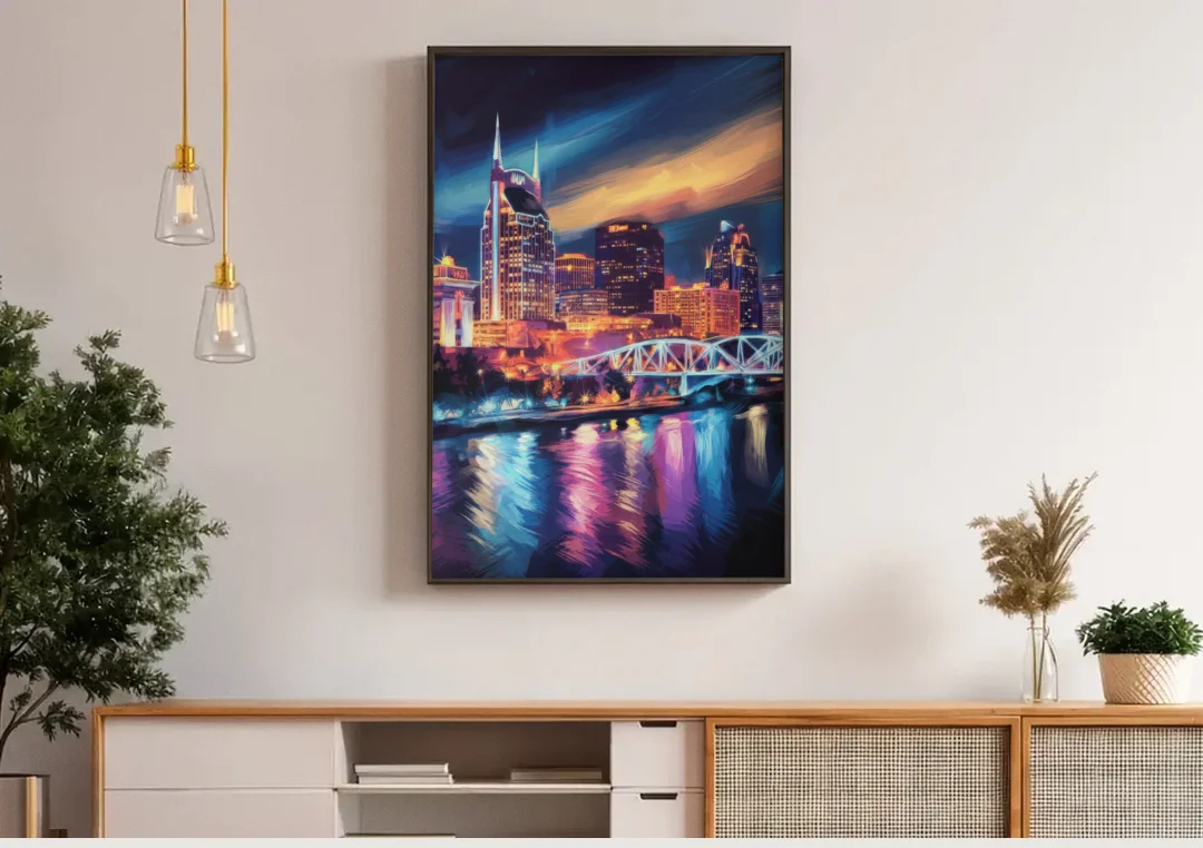 Nashville Bright Lights Skyline canvas wall art above a wooden sideboard under pendant lights