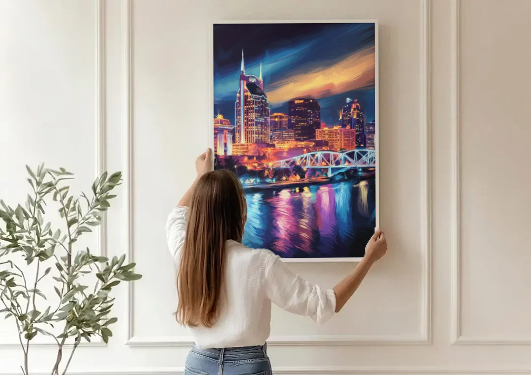 Nashville Bright Lights Skyline canvas wall art being hung on a paneled wall