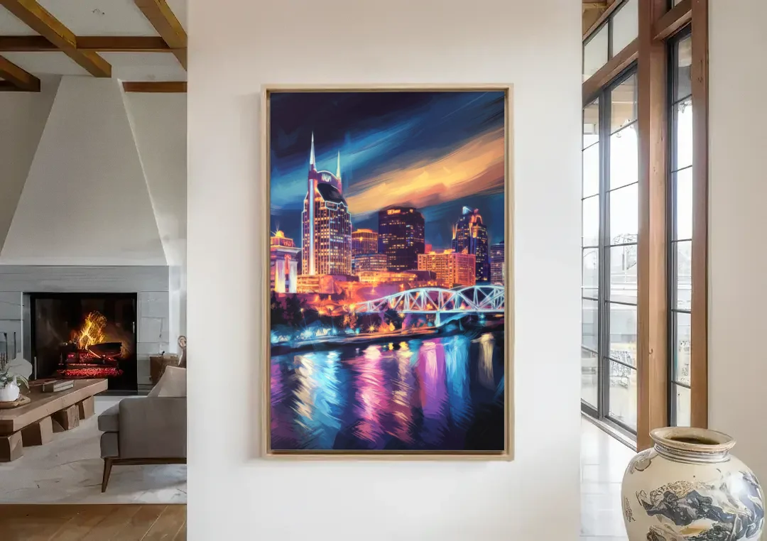 Nashville Bright Lights Skyline canvas wall art in a living room with a fireplace