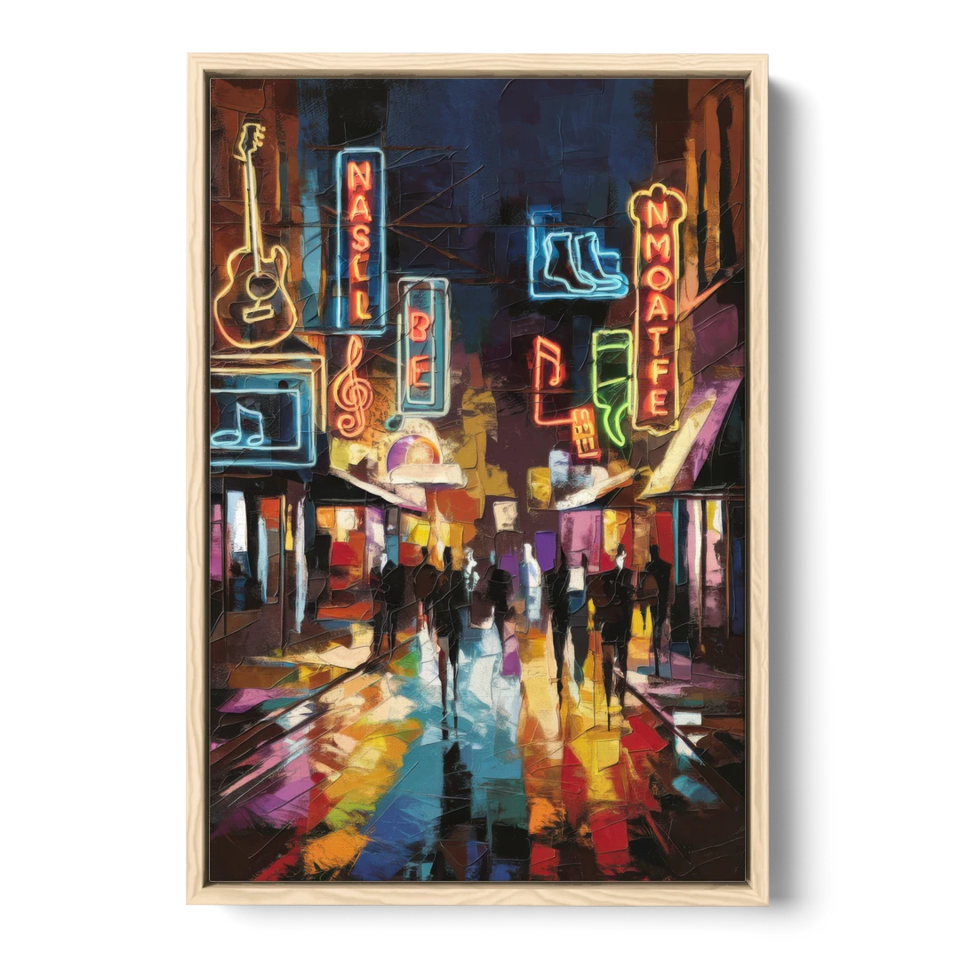 Nashville Broadway Nightlife - Oak Framed Canvas Wall Art - Front