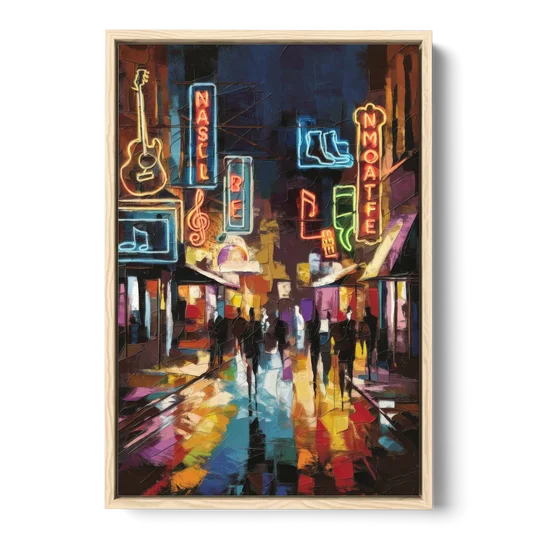 Nashville Broadway Nightlife - Oak Framed Canvas Wall Art - Front
