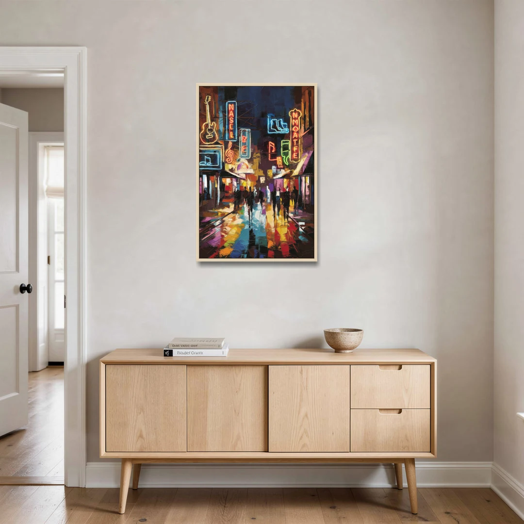 Nashville Broadway Nightlife - Oak Framed Canvas Wall Art - Coffee Table - 24x36