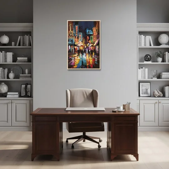 Nashville Broadway Nightlife - Oak Framed Canvas Wall Art - Office - 24x36