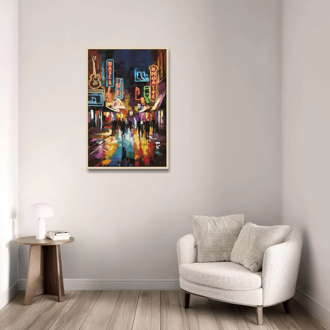 Nashville Broadway Nightlife - Oak Framed Canvas Wall Art - Sofa - 24x36