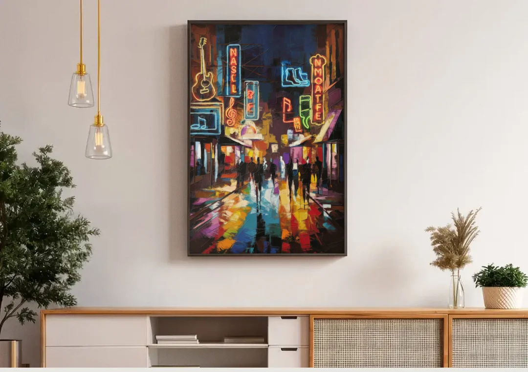 Nashville Broadway Nightlife canvas wall art above a wooden sideboard under pendant lights