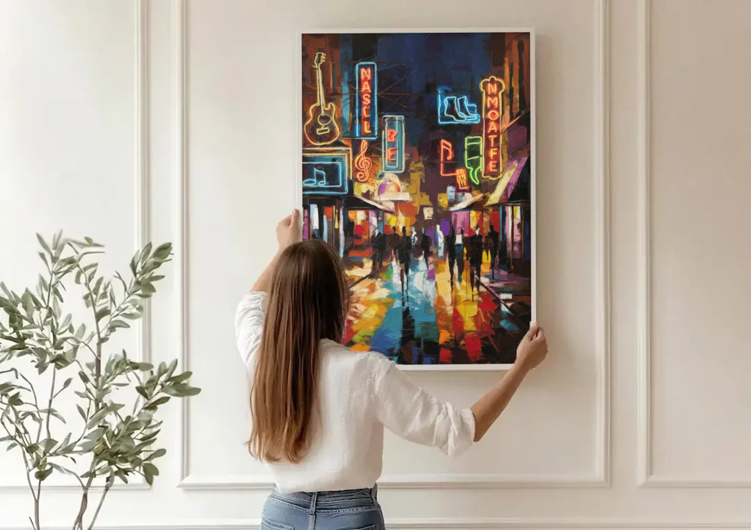 Nashville Broadway Nightlife canvas wall art being hung on a paneled wall