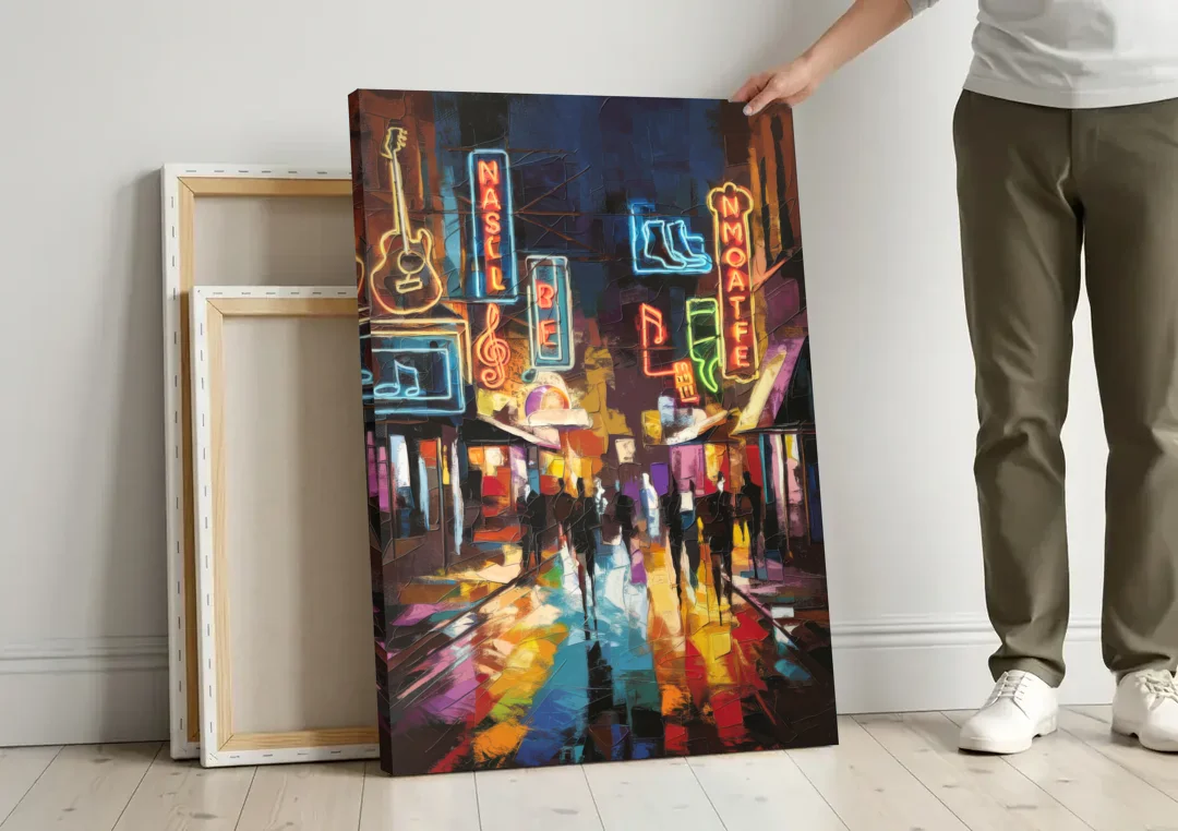 Nashville Broadway Nightlife canvas wall art leaning against a wall next to blank canvases