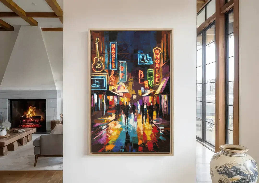 Nashville Broadway Nightlife canvas wall art in a living room with a fireplace