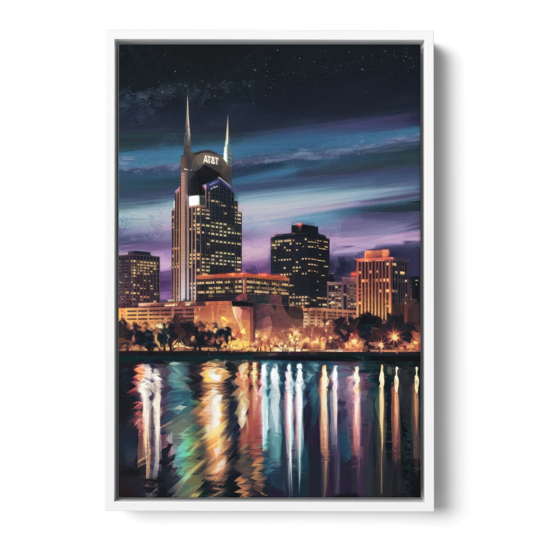 Nashville Cityscape at Night - White Framed Canvas Wall Art - Front
