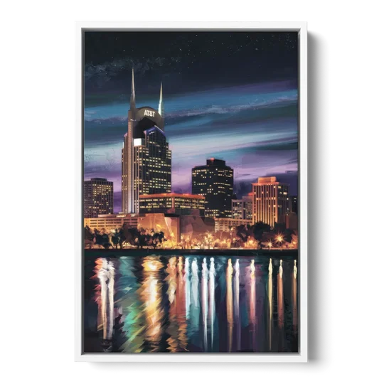 Nashville Cityscape at Night - White Framed Canvas Wall Art - Front