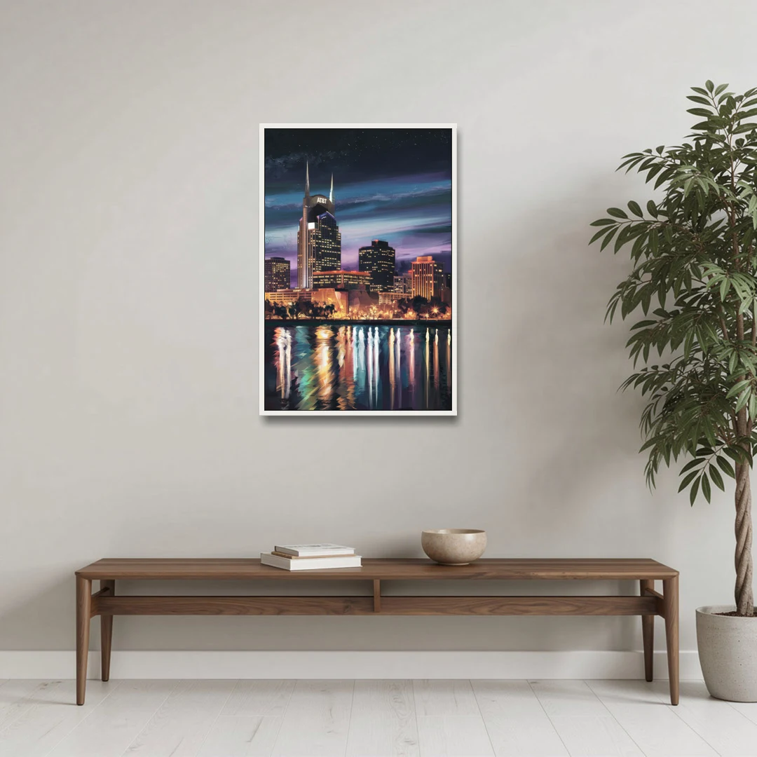 Nashville Cityscape at Night - White Framed Canvas Wall Art - Coffee Table - 24x36