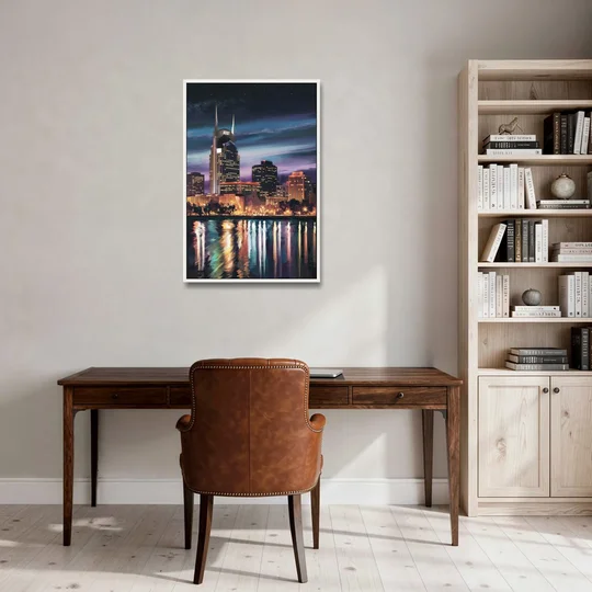 Nashville Cityscape at Night - White Framed Canvas Wall Art - Office - 24x36