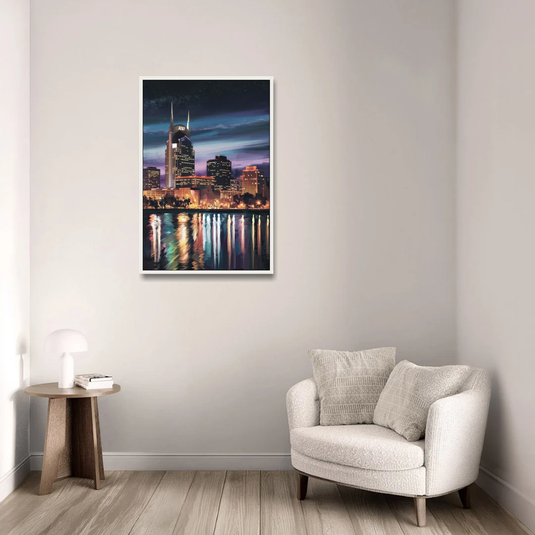 Nashville Cityscape at Night - White Framed Canvas Wall Art - Sofa - 24x36