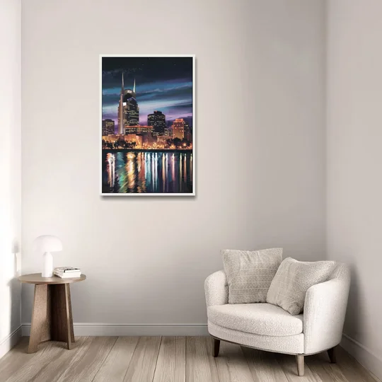 Nashville Cityscape at Night - White Framed Canvas Wall Art - Sofa - 24x36