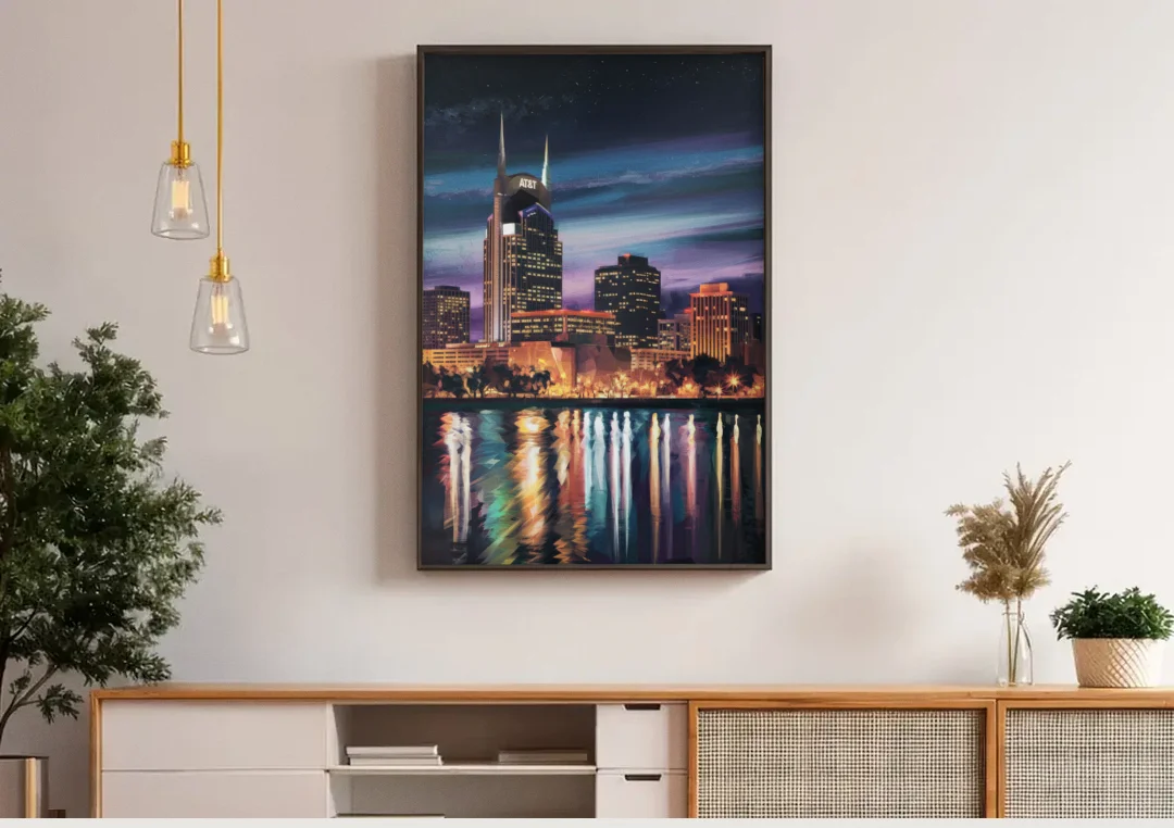 Nashville Cityscape at Night canvas wall art above a wooden sideboard under pendant lights