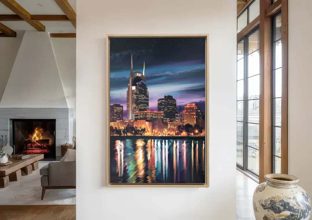 Nashville Cityscape at Night canvas wall art in a living room with a fireplace