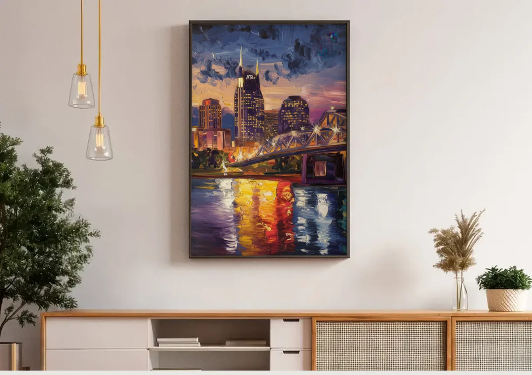 Nashville Cumberland River Views canvas wall art above a wooden sideboard under pendant lights