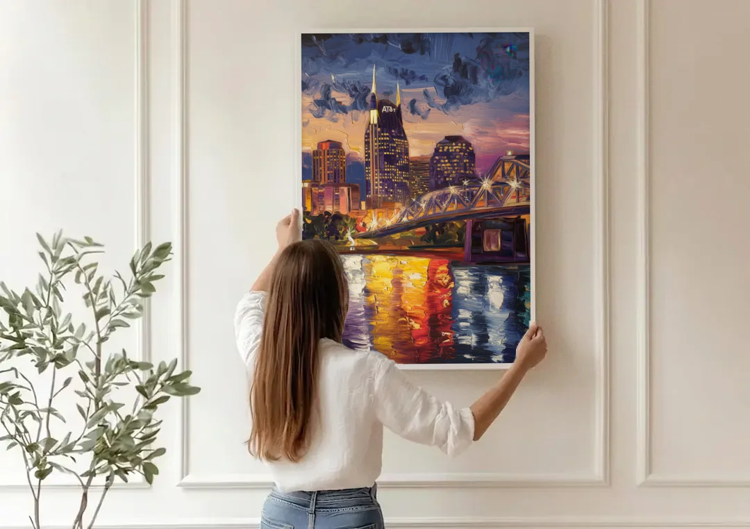 Nashville Cumberland River Views canvas wall art being hung on a paneled wall