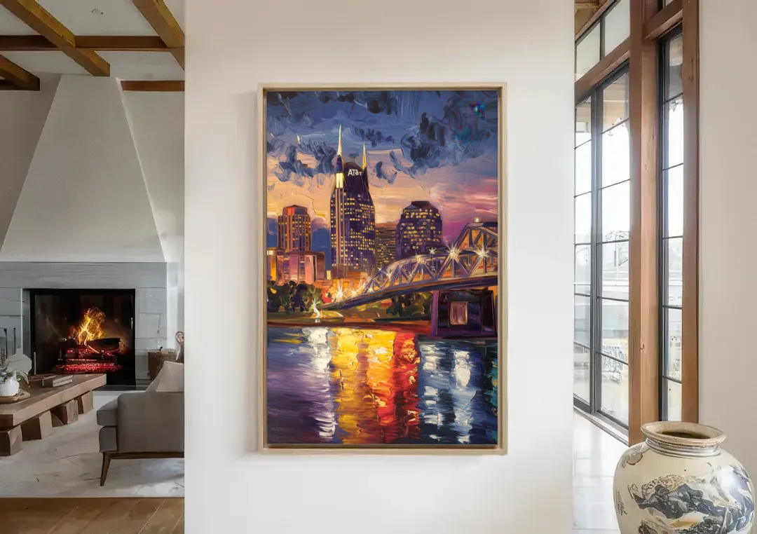 Nashville Cumberland River Views canvas wall art in a living room with a fireplace