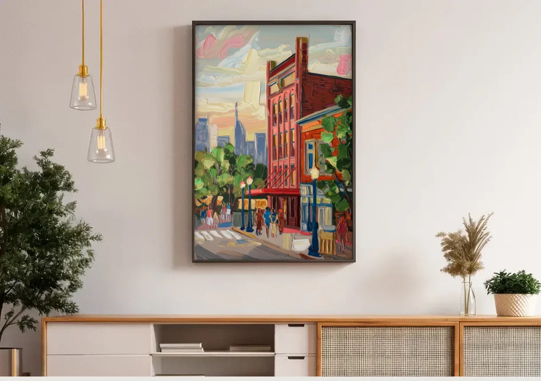 Nashville Grand Ole Opry canvas wall art above a wooden sideboard under pendant lights