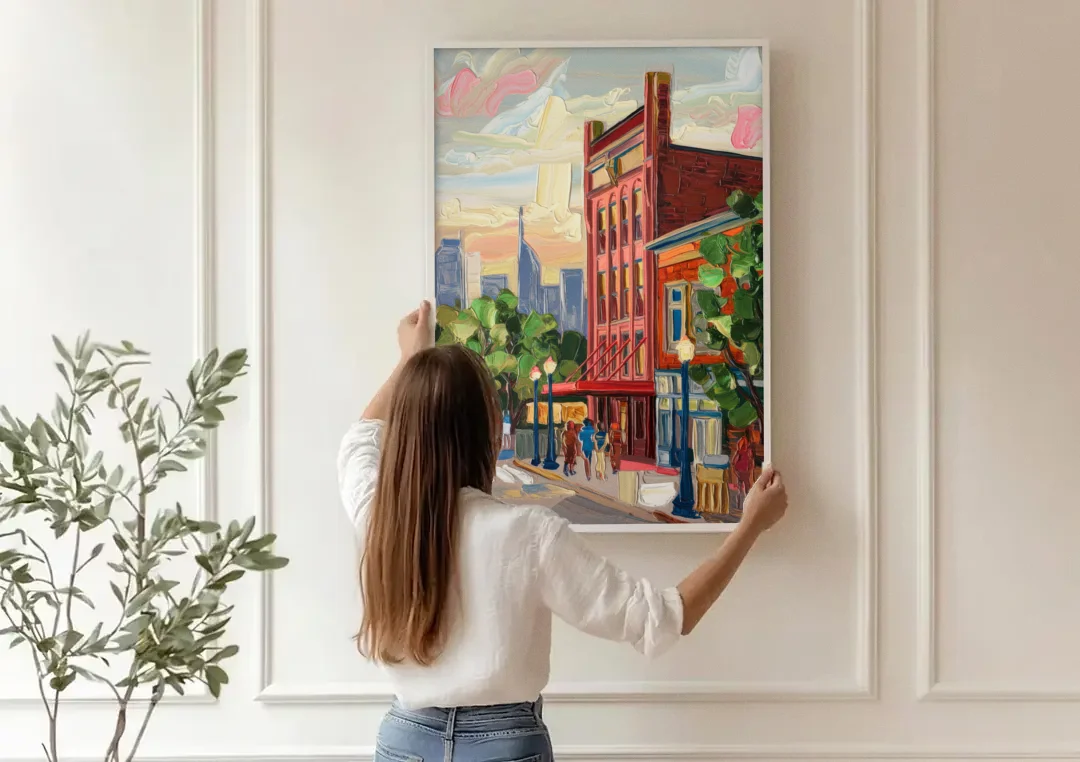 Nashville Grand Ole Opry canvas wall art being hung on a paneled wall