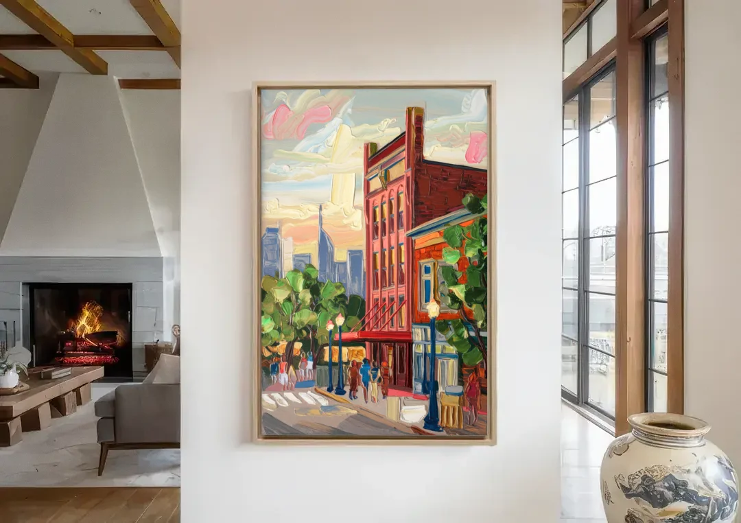 Nashville Grand Ole Opry canvas wall art in a living room with a fireplace
