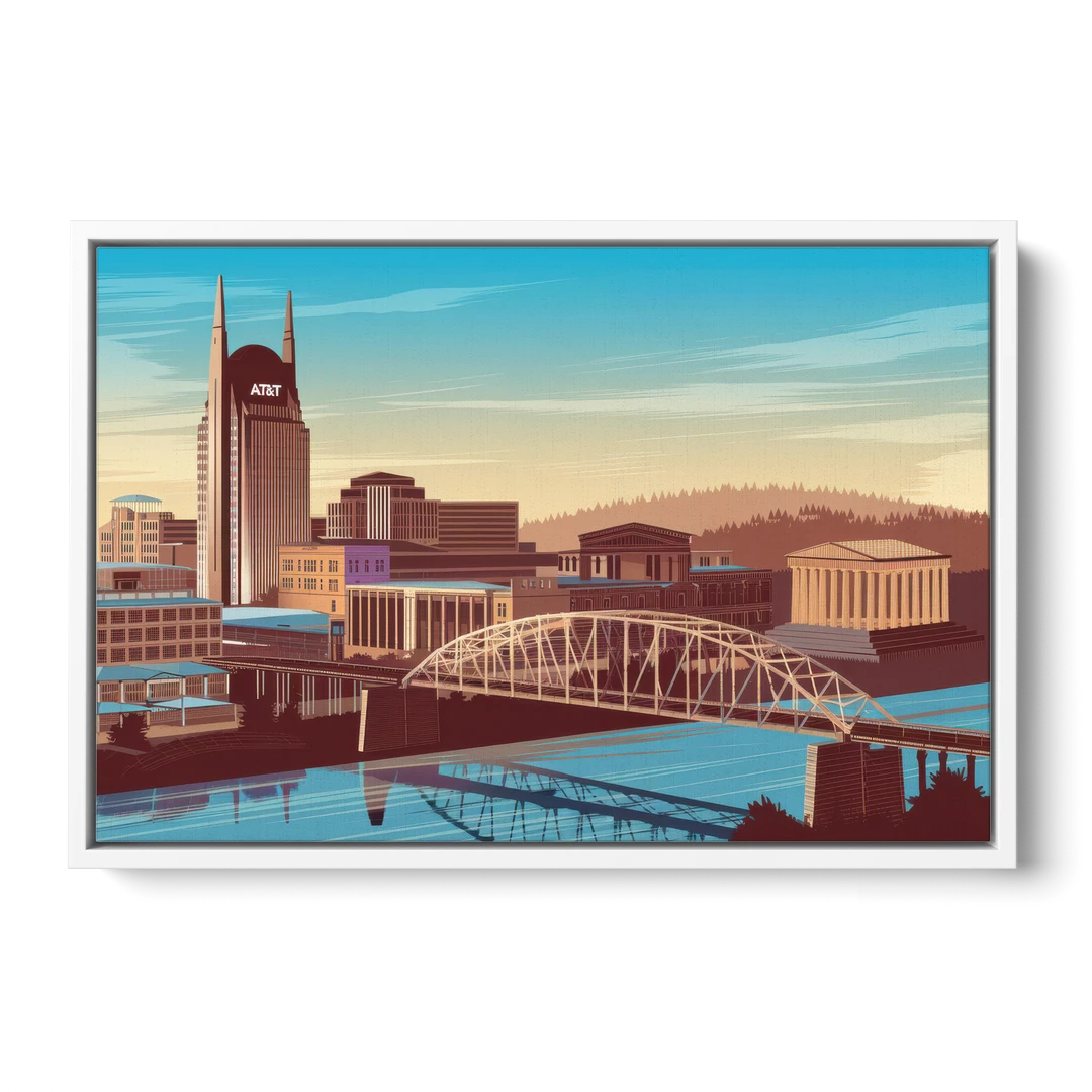 Nashville Historic Landmarks - White Framed Canvas Wall Art - Front
