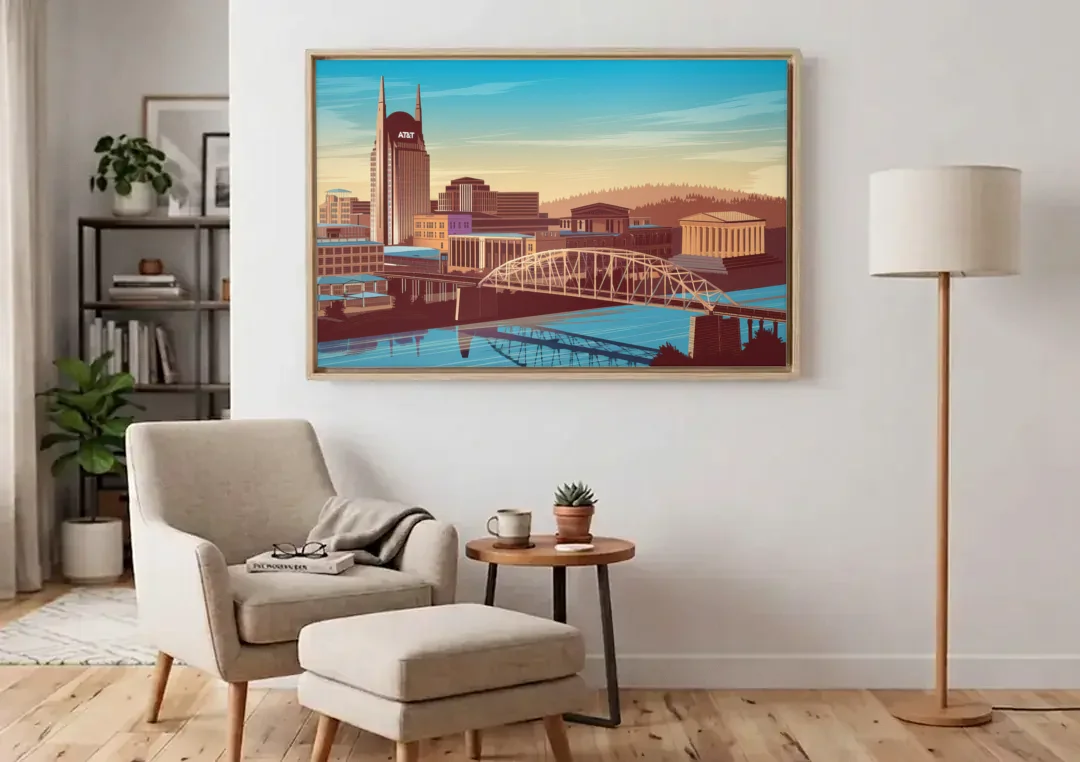 Nashville Historic Landmarks canvas wall art above an armchair in a bright living room