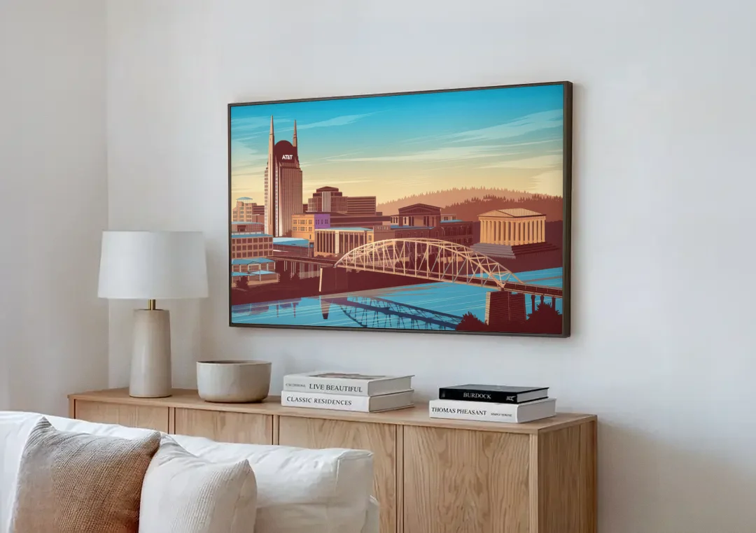 Nashville Historic Landmarks canvas wall art above a wooden sideboard next to a sofa