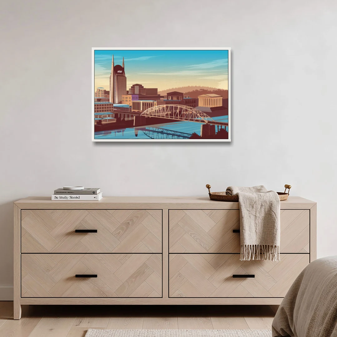 Nashville Historic Landmarks - White Framed Canvas Wall Art - Coffee Table - 36x24