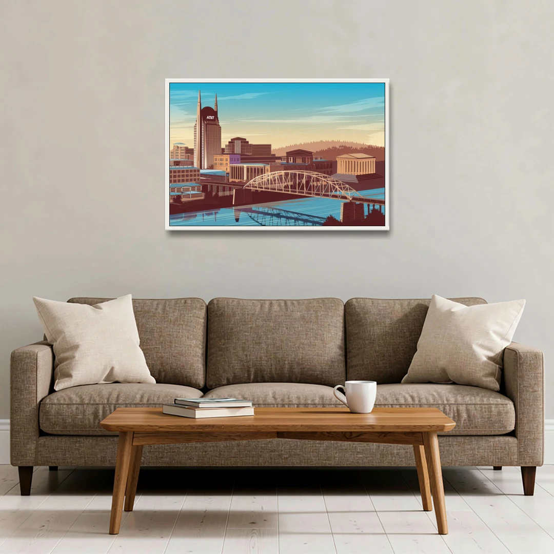 Nashville Historic Landmarks - White Framed Canvas Wall Art - Sofa - 36x24