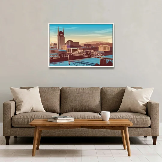 Nashville Historic Landmarks - White Framed Canvas Wall Art - Sofa - 36x24