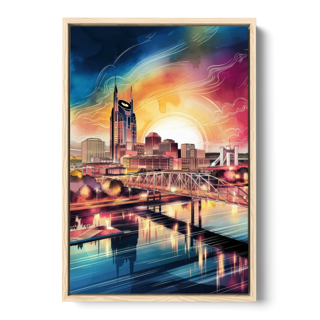 Nashville Iconic Locations - Oak Framed Canvas Wall Art - Front