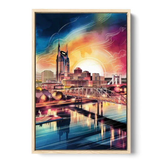 Nashville Iconic Locations - Oak Framed Canvas Wall Art - Front