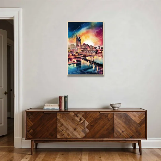 Nashville Iconic Locations - Oak Framed Canvas Wall Art - Coffee Table - 24x36