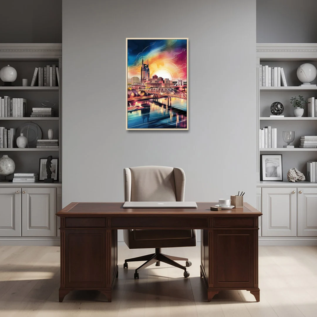 Nashville Iconic Locations - Oak Framed Canvas Wall Art - Office - 24x36
