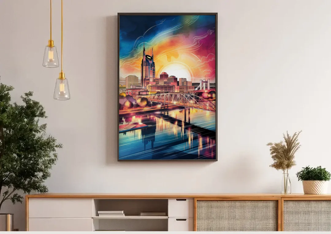 Nashville Iconic Locations canvas wall art above a wooden sideboard under pendant lights