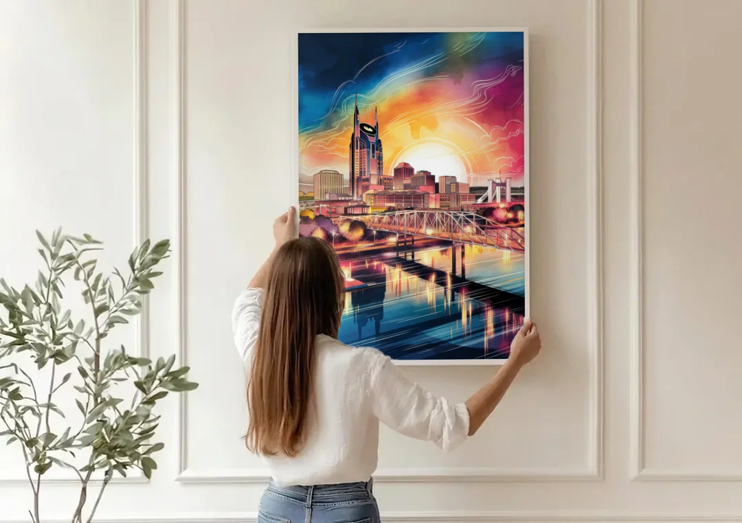 Nashville Iconic Locations canvas wall art being hung on a paneled wall