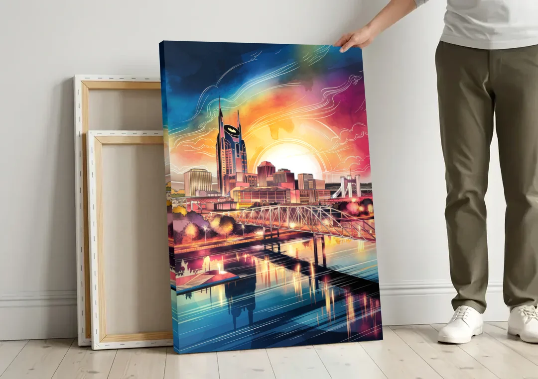 Nashville Iconic Locations canvas wall art leaning against a wall next to blank canvases
