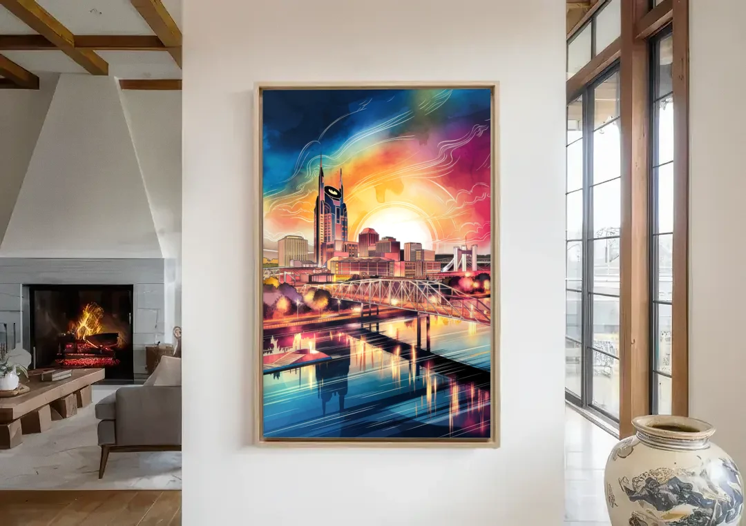 Nashville Iconic Locations canvas wall art in a living room with a fireplace