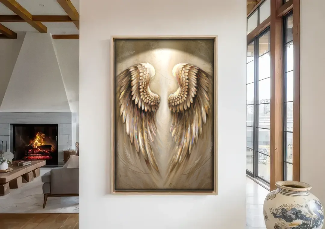Nashville Wings Mural Tribute canvas wall art in a living room with a fireplace