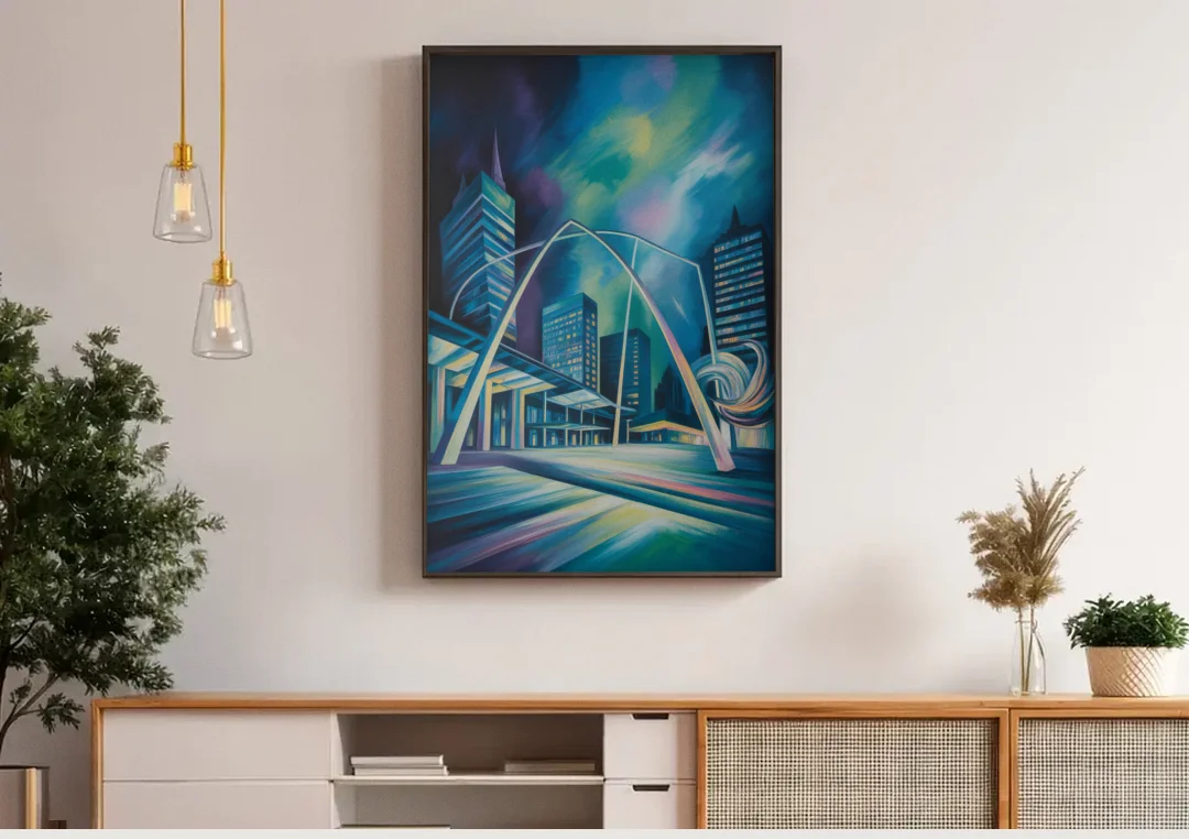Nathan Phillips Square Night Lights canvas wall art above a wooden sideboard under pendant lights