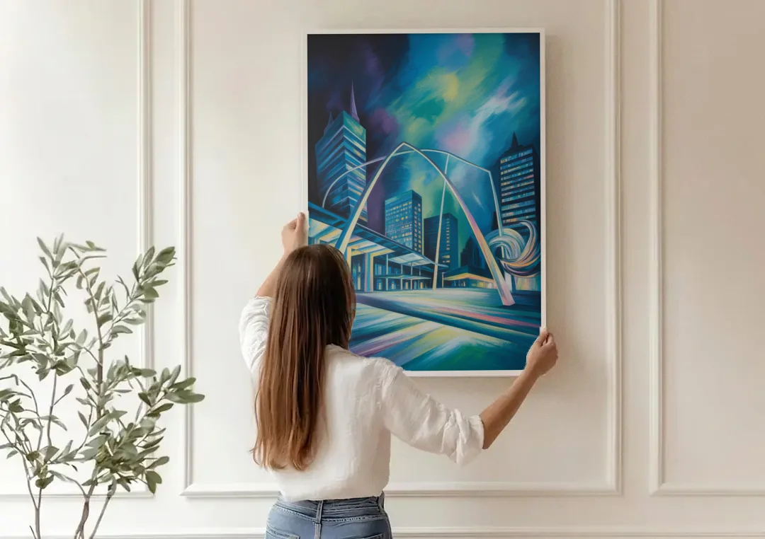 Nathan Phillips Square Night Lights canvas wall art being hung on a paneled wall