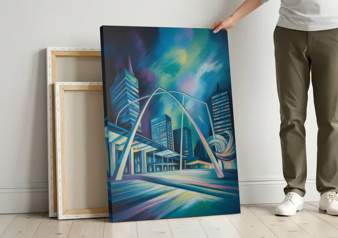 Nathan Phillips Square Night Lights canvas wall art leaning against a wall next to blank canvases
