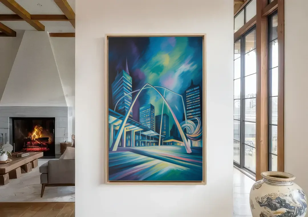 Nathan Phillips Square Night Lights canvas wall art in a living room with a fireplace