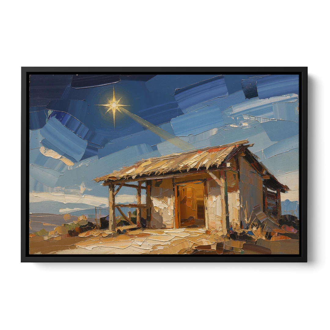 Nativity Scene Painting with Golden Doorway - Black Framed Canvas Wall Art - Front