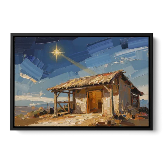 Nativity Scene Painting with Golden Doorway - Black Framed Canvas Wall Art - Front