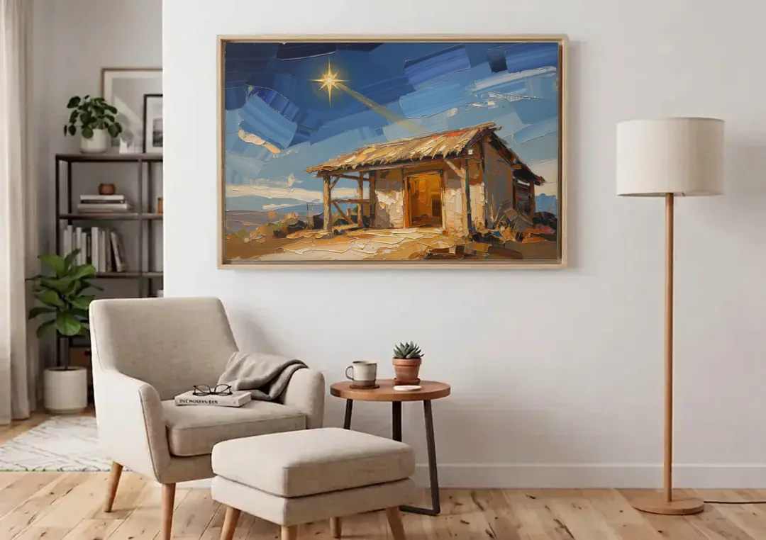 Nativity Scene Painting with Golden Doorway canvas wall art above an armchair in a bright living room