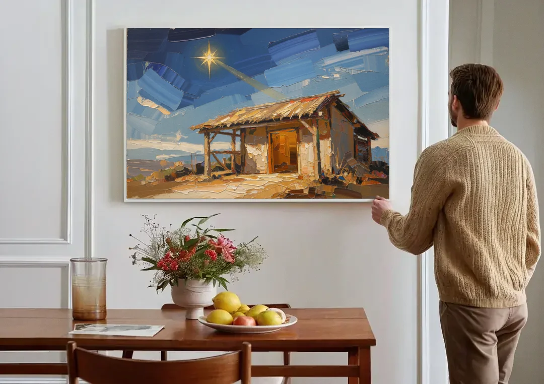 Nativity Scene Painting with Golden Doorway canvas wall art above a dining table