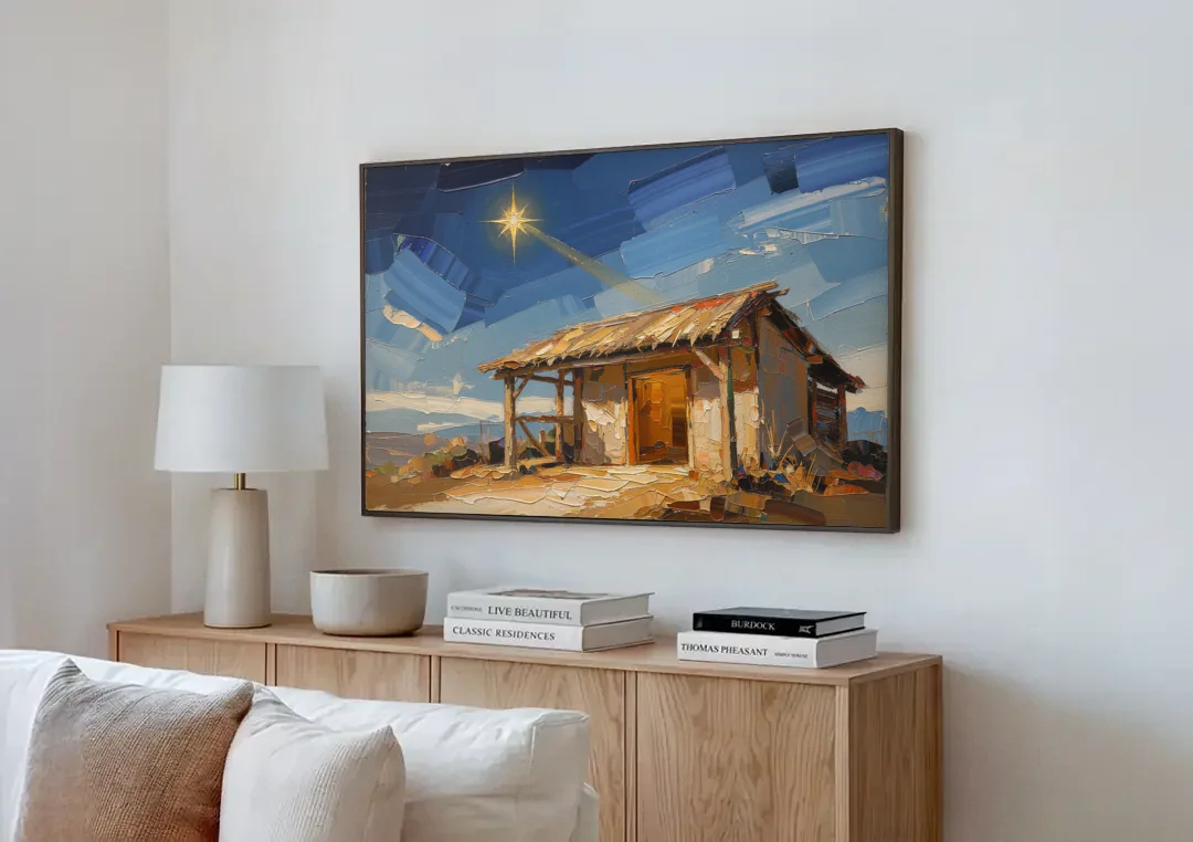 Nativity Scene Painting with Golden Doorway canvas wall art above a wooden sideboard next to a sofa